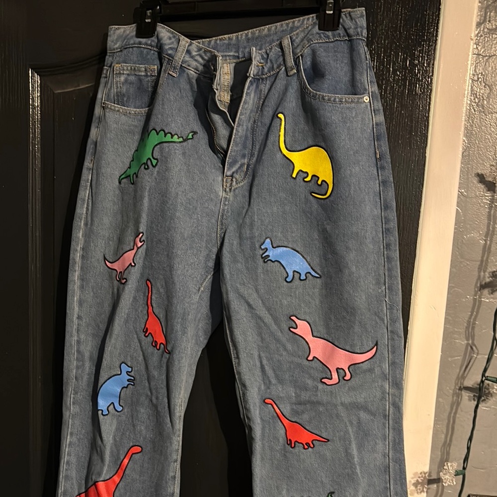 SHEIN Blue Jeans with Colorful Dinosaur Print